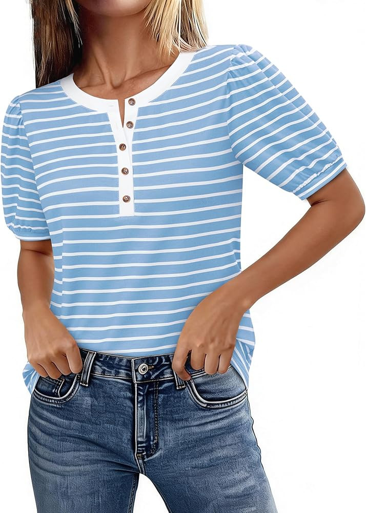 Striped Shirt Women Button Up Henley Tops Puff Short Sleeve Blouses Dressy Casual | Amazon (US)
