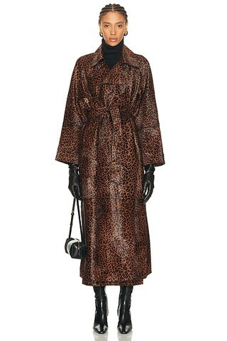 NOUR HAMMOUR Althea Pony Hair Trench Coat in Deep Leopard - Brown. Size M (also in XS). | FWRD 