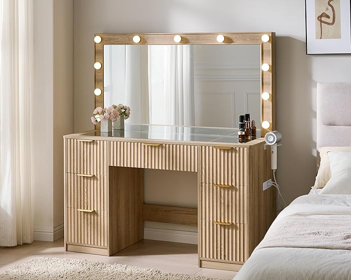 AMERLIFE 47.2" Fluted Vanity Desk with Large Mirror and Adjustable LED Lights, 7 Drawers Makeup T... | Amazon (US)