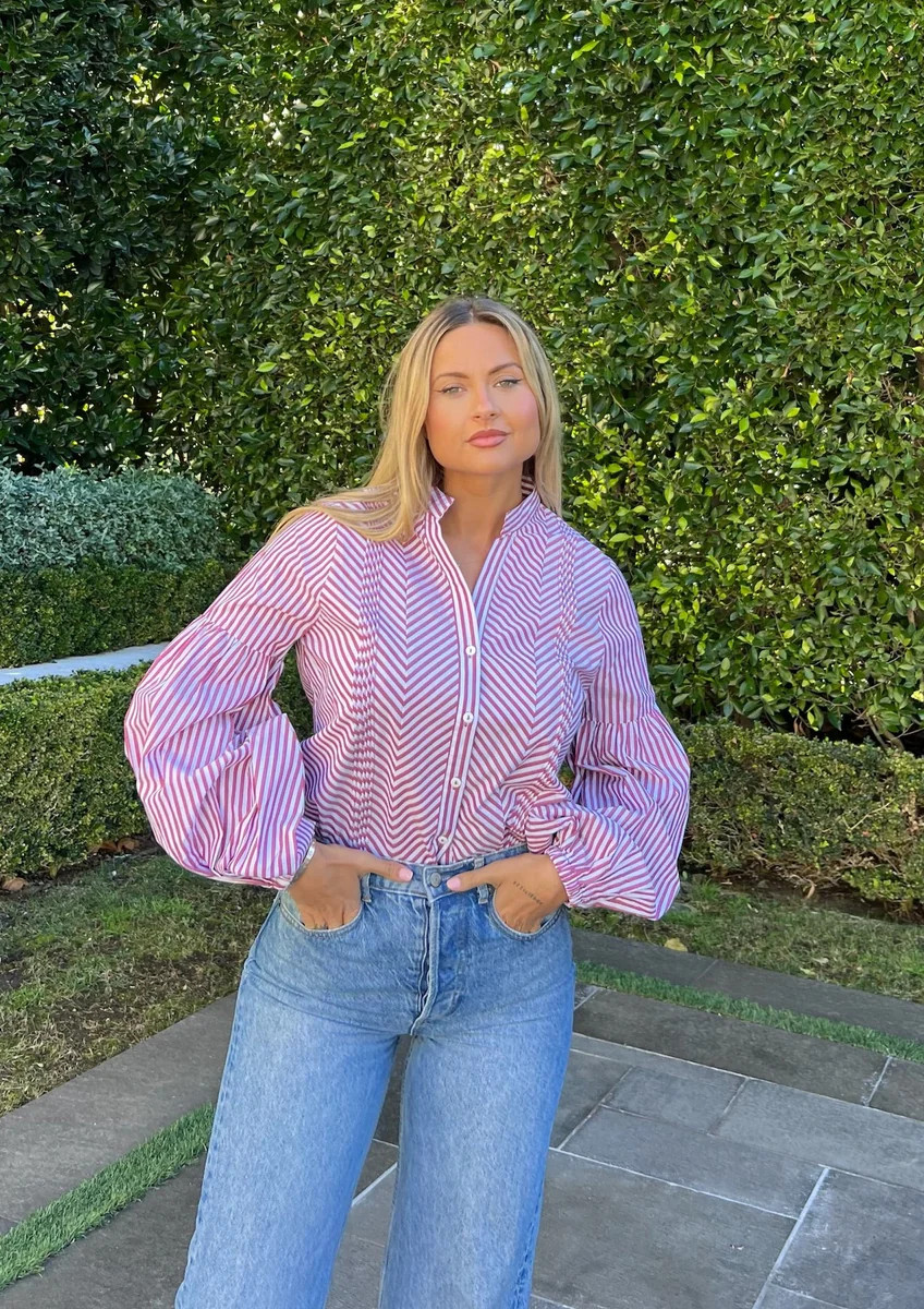 Cezele Red Striped Top With Puffed Sleeves | Benaar La