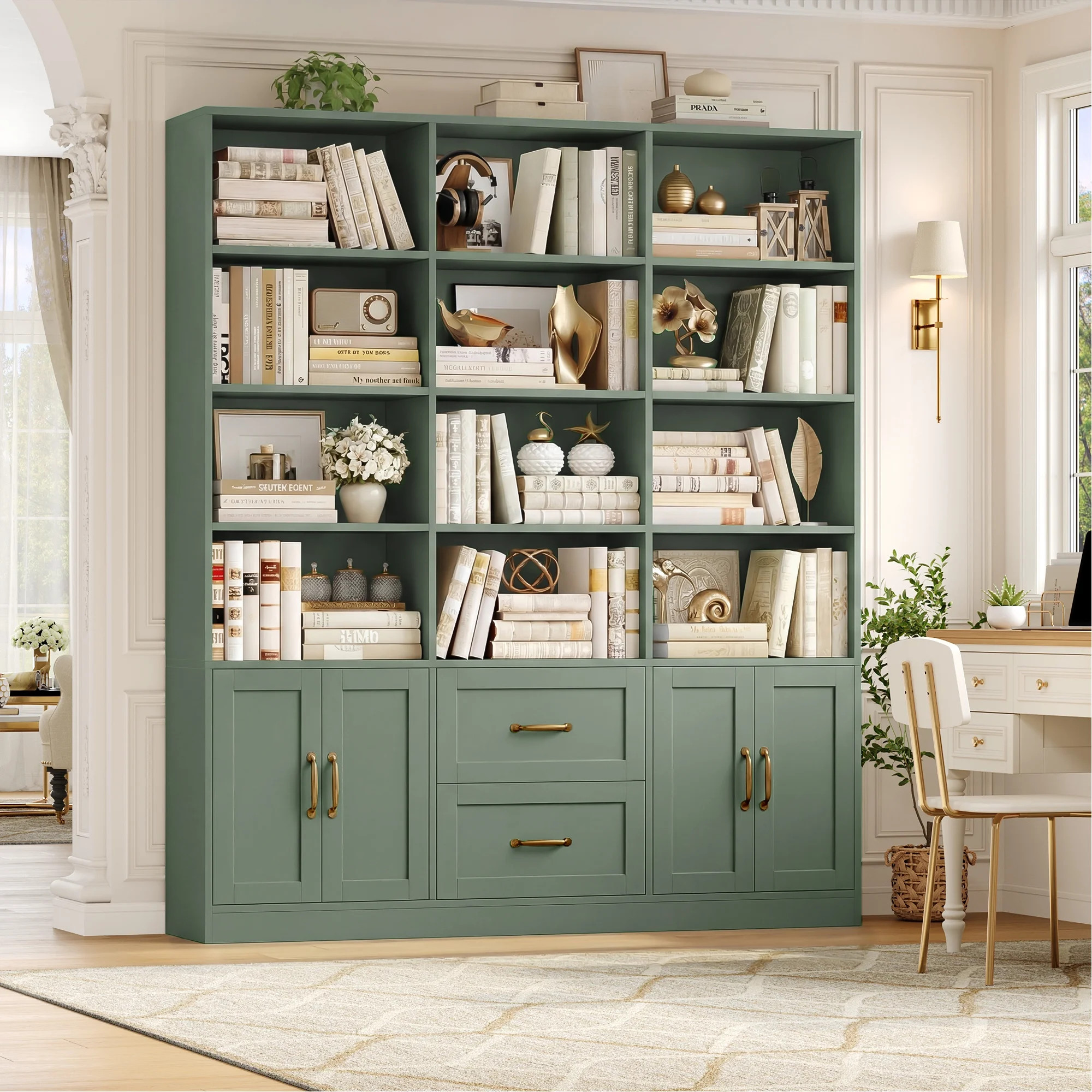 Hiphuta 71" Tall Triple Row 4-Tier Bookcase with 12 Open Cubes, 59" Wide Extra Large Display Bookshelf with 4 Doors and 2 Drawers, for Office Living Room, Green - Walmart.com | Walmart (US)