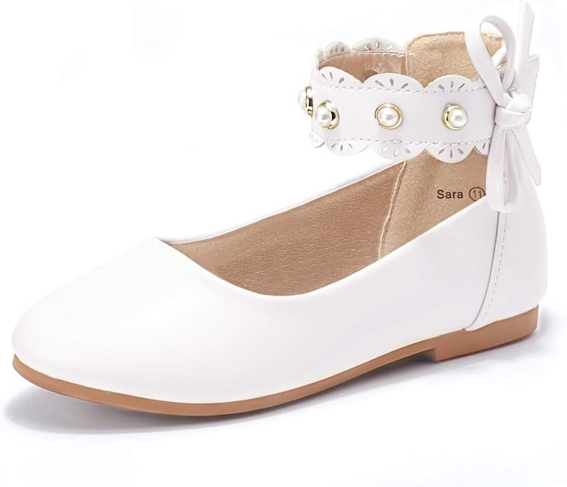 PANDANINJIA Girl’s Toddler/Little Kid Sara Bow Ballerina Flats Pearl Scallop Ankle Strap Dress ... | Amazon (US)