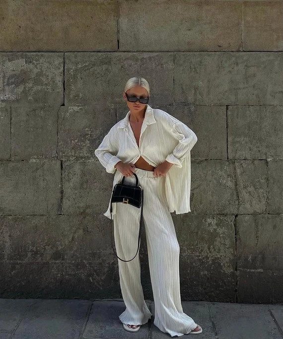 Silky Plisse Pleated Suit Set Satin Crinkle Shirt Pant Suit | Etsy | Etsy (US)