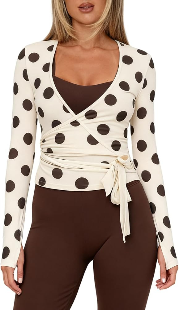 Yoga Wrap Tops for Women Y2k Long Sleeve Self Tie Workout Ballet Dance Top Cute Pilates Cover Up ... | Amazon (US)