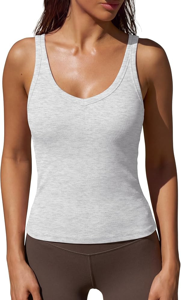 Darong Women's Ribbed Tank Top with Built-in Bra V Neck Sleeveless Shirts | Amazon (US)