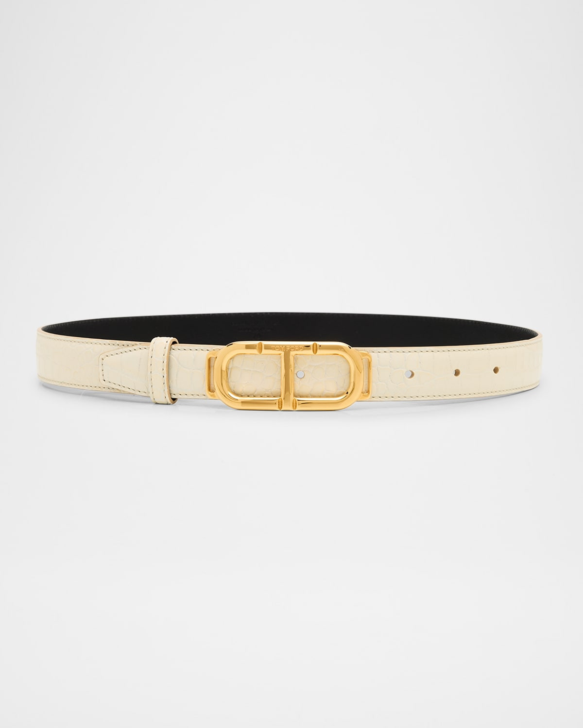 Glossy Croc-Stamped Leather Skinny Belt | Neiman Marcus