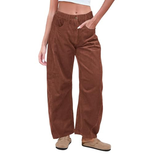 UAGVB Women Corduroy Pants Casual Mid Rise Barrel Elastic Waist Cord Baggy Pants Wide Leg Trousers Stretch Fabric Burgundy M | Amazon (US)