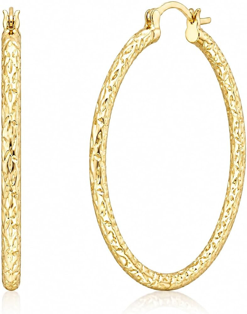 14K Gold Hoop Earrings for Women, Large Textured Hoop Earrings with Engraved Leaf Pattern Design, Elegant Gold Earrings Jewelry for Everyday Wear and Gifts 35/40/45mm | Amazon (US)
