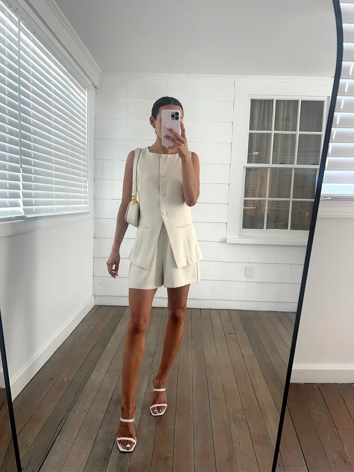 Summer set- love this! wearing a S in apricot, heels true to size.
2 piece short set/suit vest/white heels/white shoulder bag
 

 #LTKSeasonal #LTKPetite #LTKFindsUnder50