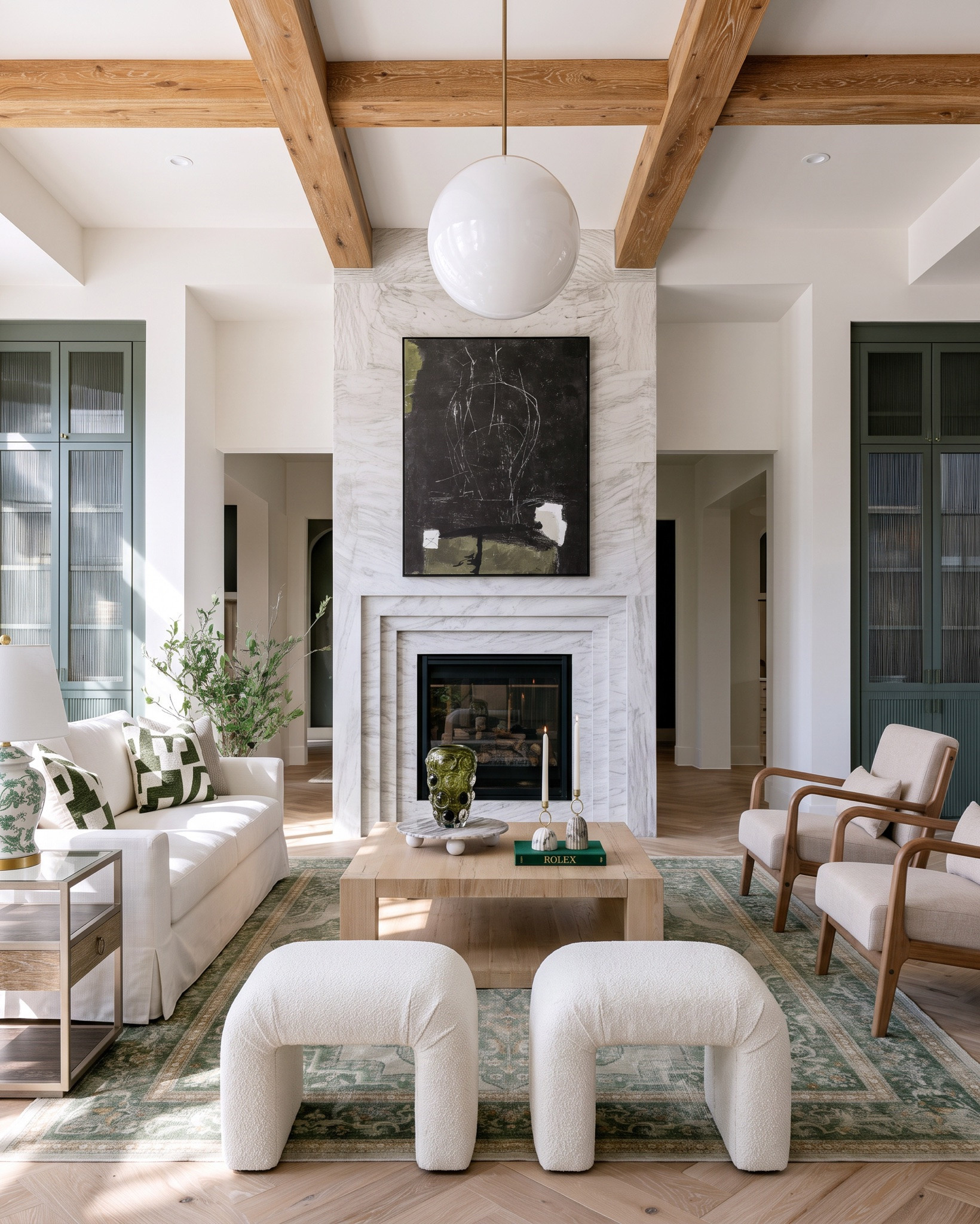 Shop the look:
* Upholstered wood-trim bed frame
* Organic wavy brass mirror
* Boucle bench
* Boucle arch ottoman
* Boucle wedge ottoman set
* Chunky knit throw blanket
* Green velvet lumbar pillows
* Green graphic throw pillows
* Abstract framed wall art
* Abstract black and white wall art
* Floral botanical framed art
* White glass globe pendant light
* Oversized globe pendant light
* Wood beam ceiling
* Floral printed ceiling wallpaper
* Brass wall sconces
* Brass and glass globe sconce
* Vintage-style nightstands
* Marble slab fireplace surround
* Oak wood block coffee table
* Wood-framed accent chairs (pair)
* Slipcovered sofa
* Ribbed glass cabinet doors
* Sage green built-in cabinetry
* Reclaimed wood console table
* Vintage medallion runner rug
* Layered vintage rugs
* Floral ginger jar table lamp
* Green deer figurines
* Ceramic pitcher vase
* Chinoiserie floral ceramic vase
* Faux cherry blossom stems
* Purple veined marble countertop
* Moody marble backsplash
* Antique brass drawer pulls

#LTKsale #LTKhome #LTKstyletip