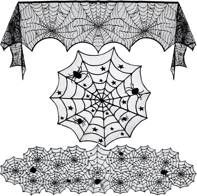 3pack Halloween Decorations Set Halloween Tablecloth Black Lace Round Spider Cobweb Table Cover F... | Amazon (US)