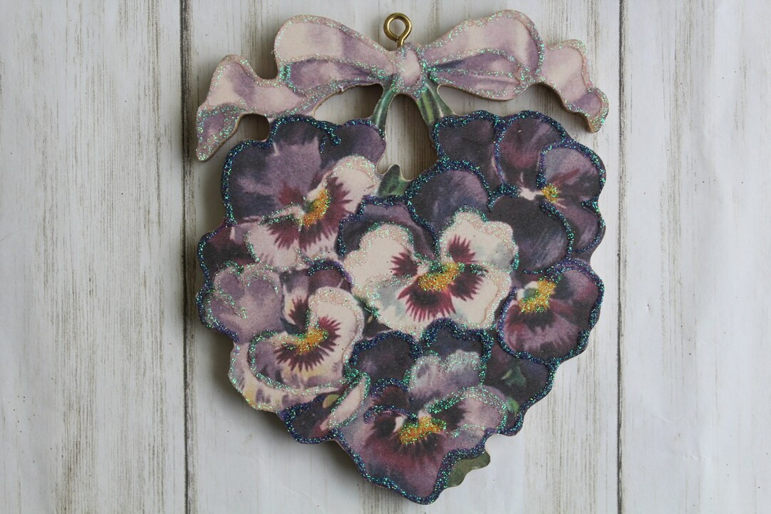 Pansy Heart With Bow Valentine Ornament Vintage Card Image Glitter and Wood Holiday Tree Decorati... | Etsy (US)