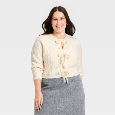 Women's Long Sleeve Bow Cardigan Sweater - A New Day™ Cream 4X | Target