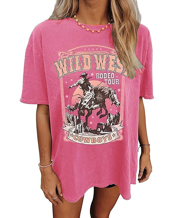 Oversized Wild West Cowboys T-Shirt for Women Western Rodeo Graphic Tee Short Sleeve Loose Vintag... | Amazon (US)