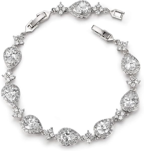 SWEETV Wedding Teardrop Bracelets for Brides Bridesmaids, Crystal Cubic Zirconia Bridal Bracelets for Women Prom, Silver | Amazon (US)