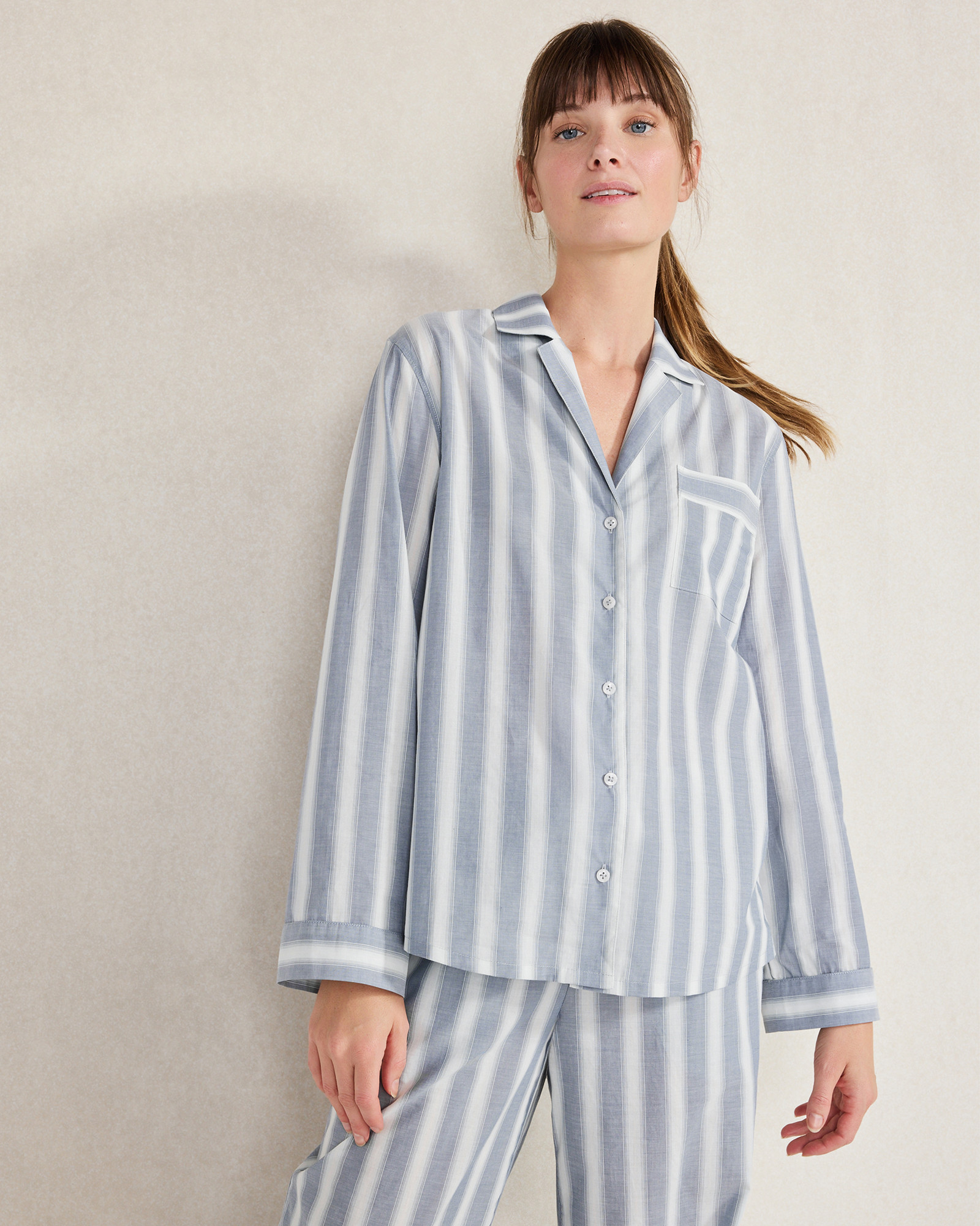 Organic Cotton Poplin Mixed Stripe Pajama Shirt | Sea Multicolor | XS | Haven Well Within