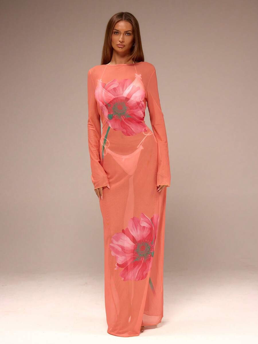 MUSERA Mesh Floral Printed Backless Maxi Dress Vacation Summer Sheer Flower Ibiza Outfit, Holiday... | SHEIN