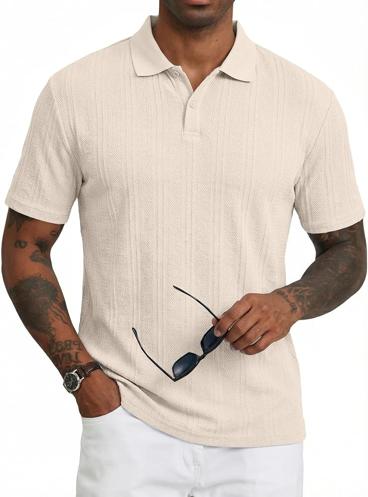 JMIERR Mens Polo Shirt Textured Short Sleeve Summer Button Collar Knitted Golf Polos | Amazon (US)