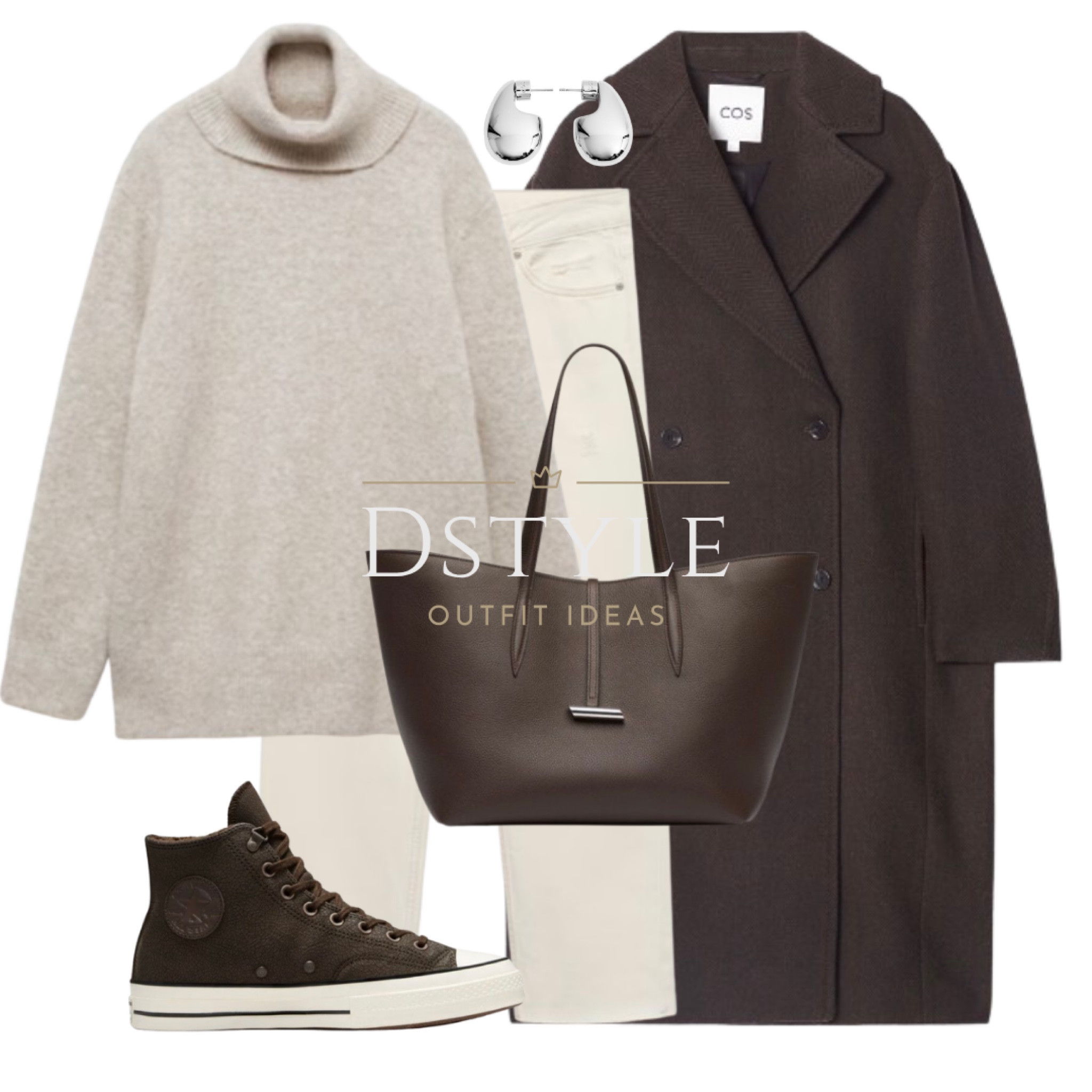 Dark brown coat, light pastel brown sweater/jumper, ecru jeans, dark brown Converse Chuck 70 Distressed Leather sneakers, dark brown tote bag

#LTKStyleTip #LTKItBag #LTKShoeCrush