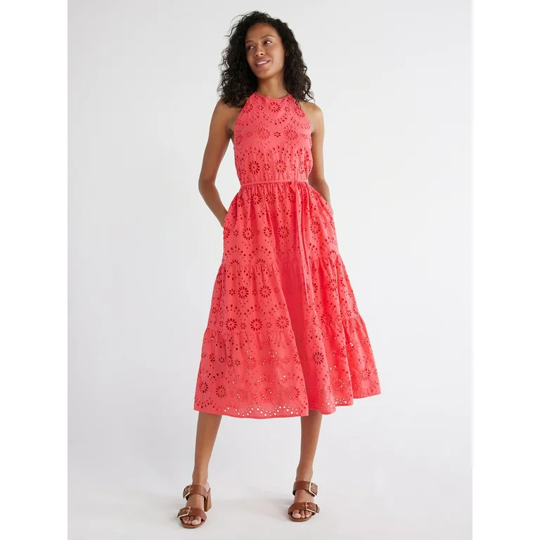 Time and Tru Women's Eyelet Halter Midi Dress with Tiered Skirt, Sizes XS-XXXL | Walmart (US)