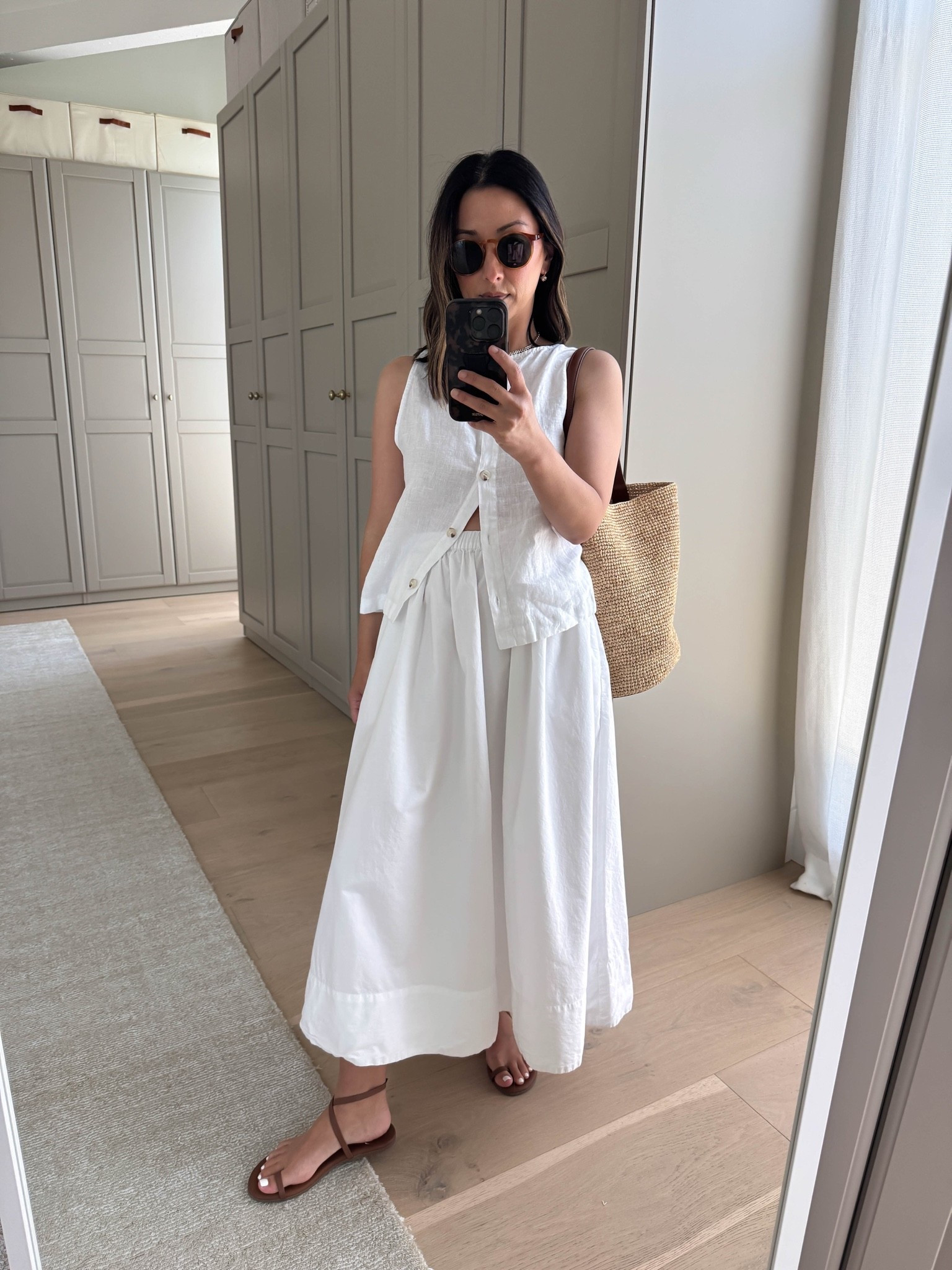 Daily outfit. This linen tank is so light weight and great for hot weather. Wearing it backward here. 

Quince tank small
Aritzia skirt xs
J.crew bucket bag
Tkees phoebe sandals 5
Le Specs sunglasses 
Electric Picks earrings
Dorsey James necklace 15”

summer outfits, summer style, petite style

#LTKmomlife #LTKootd #LTKPetite