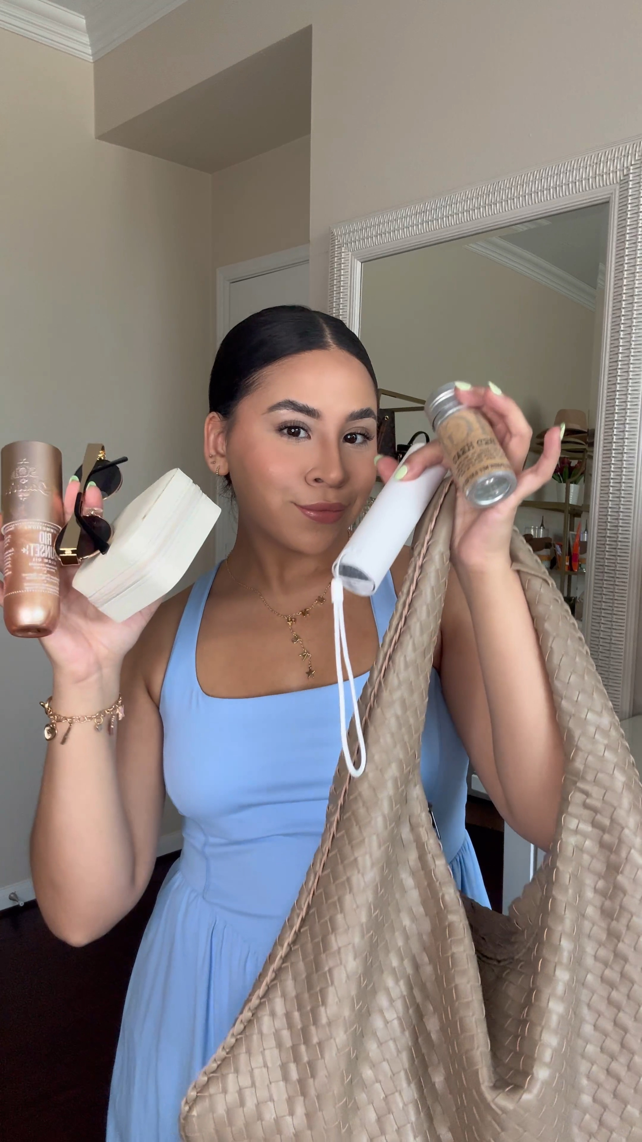 Amazon favorites you need to
Travel large makeup bag 
Makeup triangle sponges 
Hair wax stick 
Sleek bun brush 
Travel jewelry case 
Portable handheld fan 
Celine designer inspired sunglasses 
Bottega designer inspired woven shoulder bag 
Blue active tennis dress: small 
Gold custom name necklace 

#LTKSeasonal #LTKStyleTip #LTKFindsUnder100