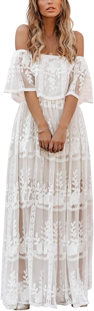 MERMAID'S CLOSET Womens Casual Off Shoulder Maxi Dress White Lace Sleeve Beach Dresses | Amazon (US)