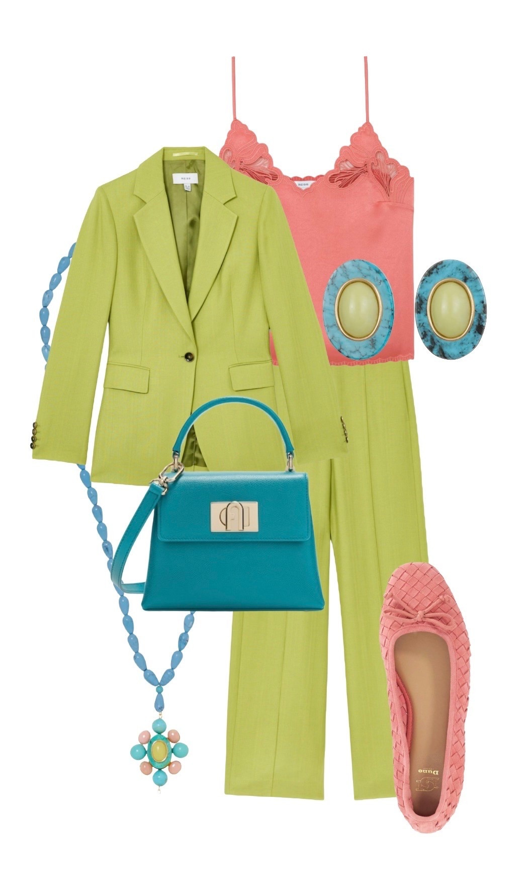 Lime, turquoise and coral pink - a trio which work beautifully together and were inspired by this pendant necklace. From chic workwear to wedding guest, this ensemble will see you into autumn and beyond as the green suit also looks phenomenal with brown! 🤎🍑🍋‍🟩 

Textured Weave Green Single Breasted Jacket, Trousers (available in petite) & Jodie Satin Lace Detail Camisole in Coral Pink - Reiss 

Heat Ballet Pumps - Dune (also available in wide fit) 

1927 Top Handle Mini Bag in Turquoise - Furla ON SALE (50% off) at Farfetch 

Earrings & Pendant Necklace - Jennifer Behr

#LTKstyletip #LTKeurope #LTKworkwear #LTKautumn #LTKbag #LTKshoes #LTKsale

#LTKuk #LTKsummer #LTKluxury