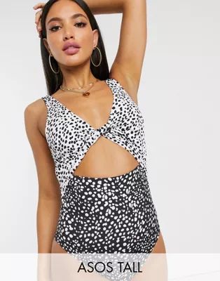 ASOS DESIGN recycled tall twist front cut out swimsuit in mixed mono polka dot | ASOS (Global)