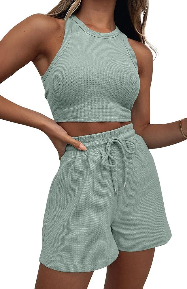 Two Piece Lounge Sets for Women, Sleeveless Crop Top and Shorts Outfits for Women Sweatsuits | Amazon (US)