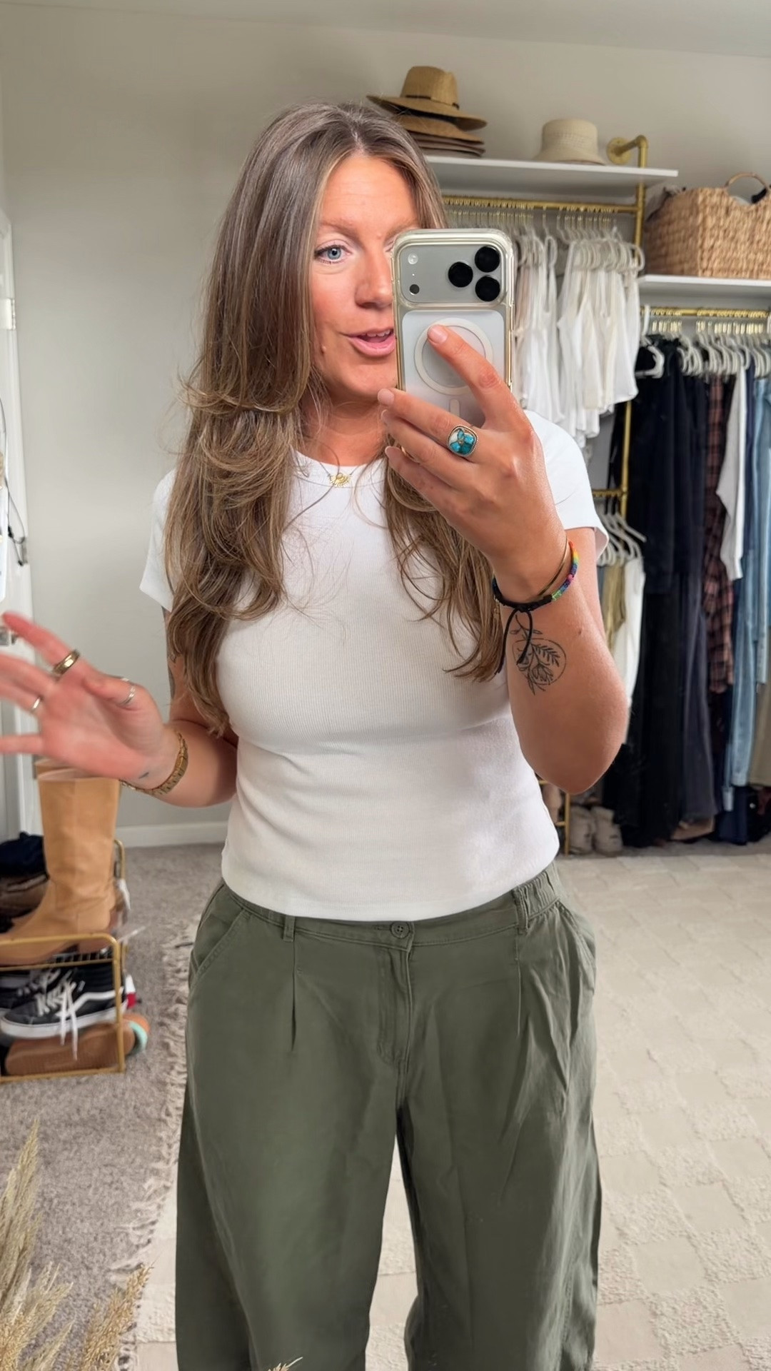 Large reg white tee (us & 🇨🇦 links saved) medium long green, large long khaki barrel pants

#LTKOver40 #LTKTall