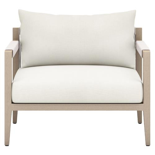 Cheryl Rustic Lodge White Upholstered Natural Teak Wood Outdoor Dining Arm Chair | Kathy Kuo Home