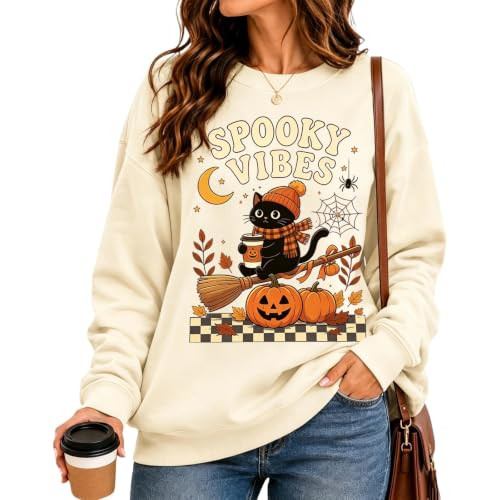 Vividcrate Women's Halloween Sweatshirts 2026 Casual Skeleton Ghost Skull Graphic Halloween Sweaters Long Sleeve Crew Neck Fall Tops Halloween Sweatshirts for Women Beige XXL | Amazon (US)