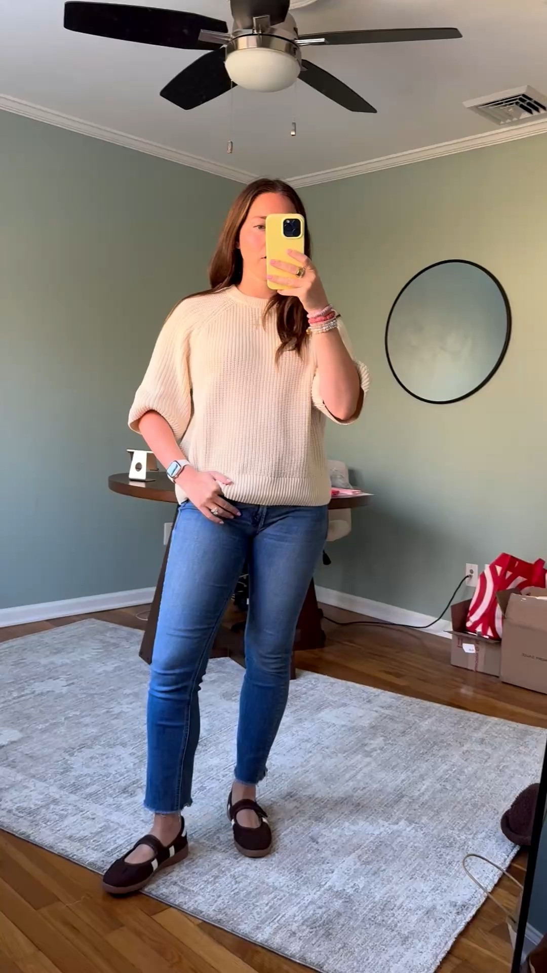 Todays outfit! 
Wearing size small in sweater
True size in jeans
True size in shoes 