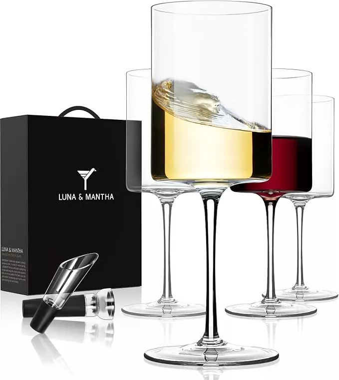 LUNA & MANTHA Wine Glasses Set of 4, 15 oz Hand Blown