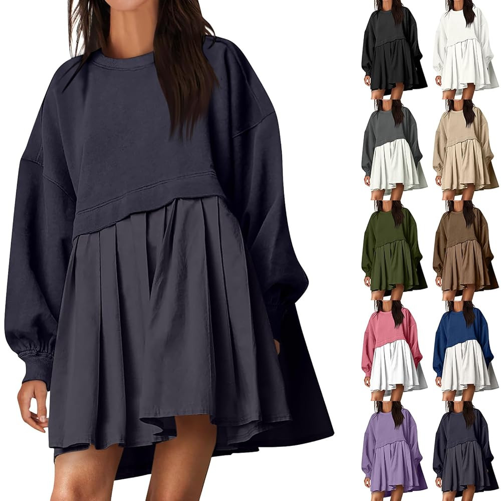 Women Oversized Sweatshirt Dress Long Sleeve Patchwork Crewneck Babydoll Pullover Flowy Pleated L... | Amazon (US)