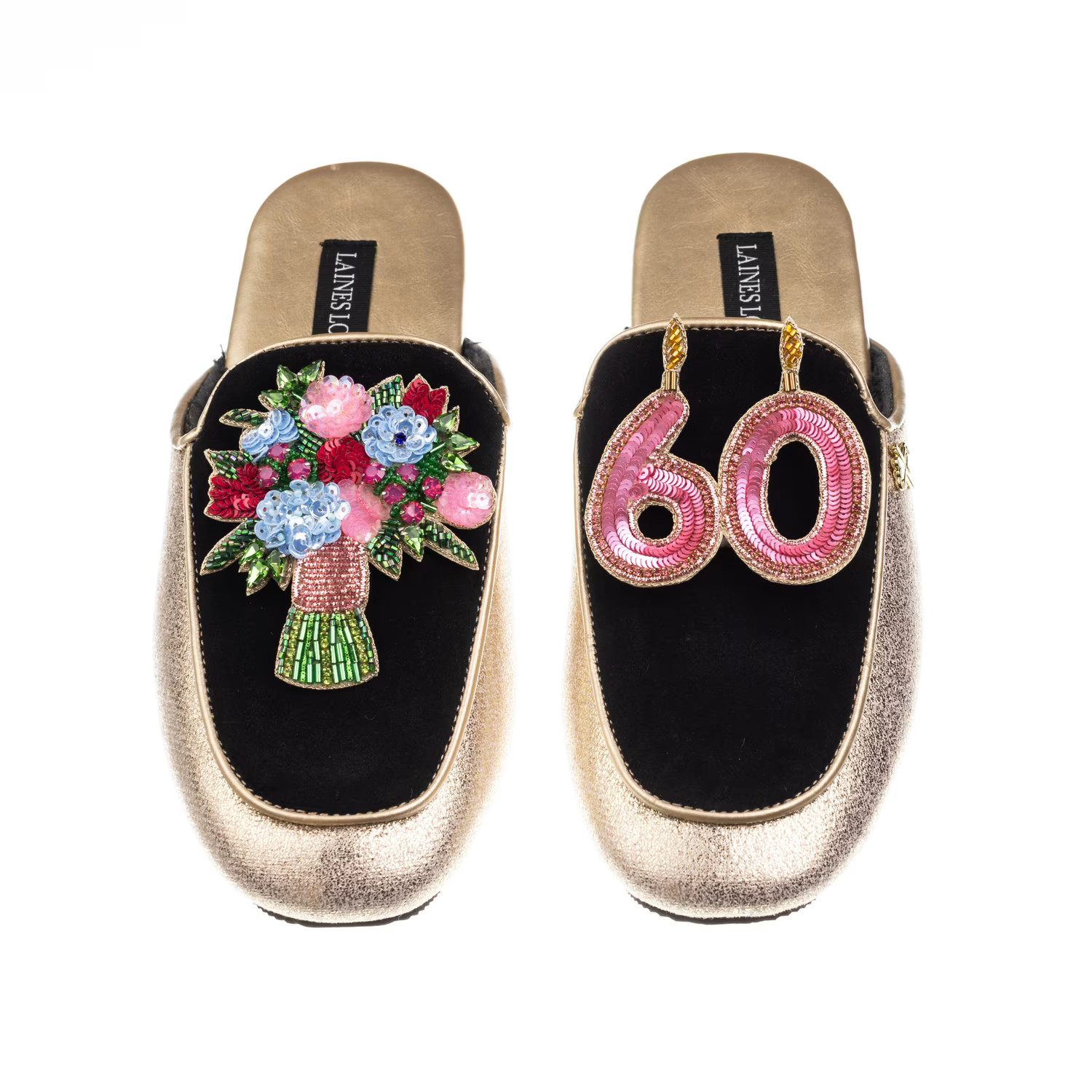 Classic Mules With 60Th Birthday & Flowers Brooches - Black & Gold | Wolf & Badger