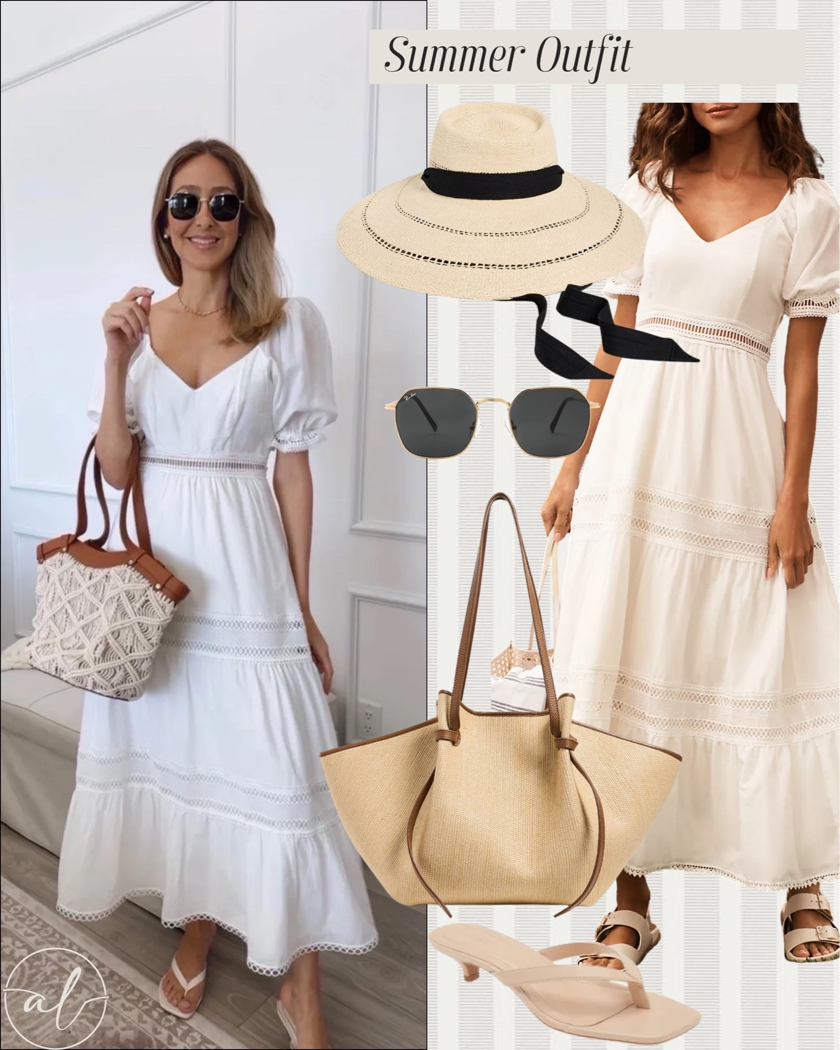 Summer outfit idea: beautiful white maxi dress with puff sleeves. Sun hat, sunglasses, straw bag, sandals

#LTKU #LTKSeasonal #LTKootd