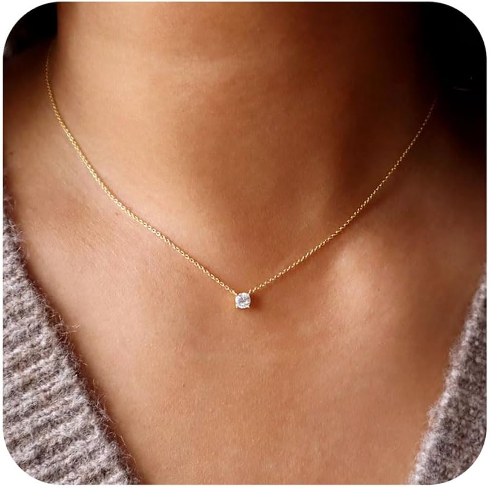 14k Gold Plated Cubic Zirconia Diamond Pendant Necklace Dainty Simple Gold Choker Necklaces for W... | Amazon (US)