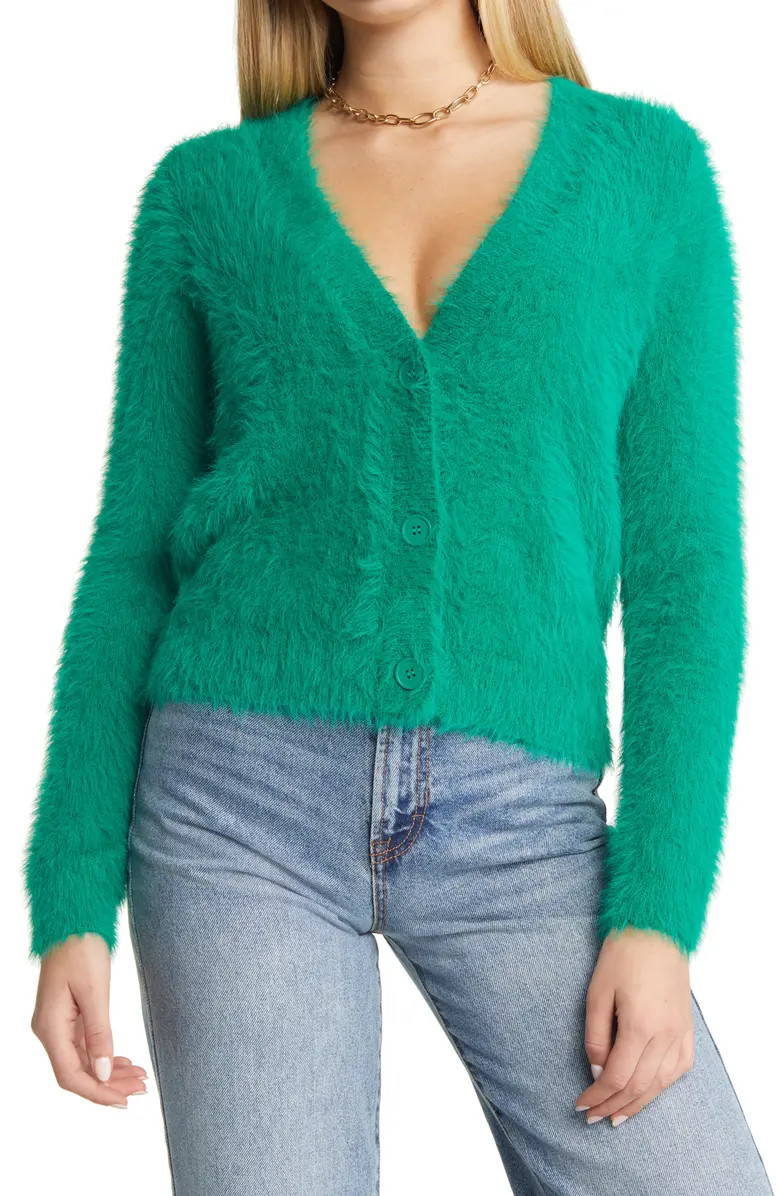 Halogen® Fuzzy Deep V-Neck Cardigan | Nordstrom | Nordstrom