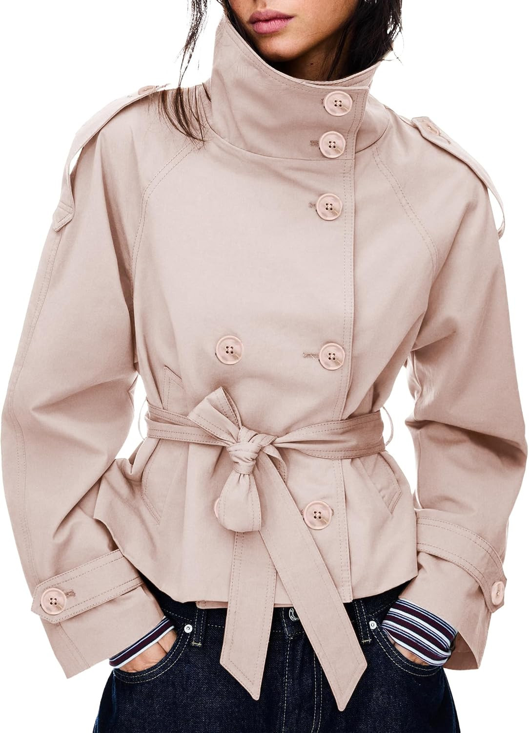 Women's Cropped Trench Coat Double Breasted Short Jacket High Collar Fall Winter Coats Trendy Outfit with Belt | Amazon (US)