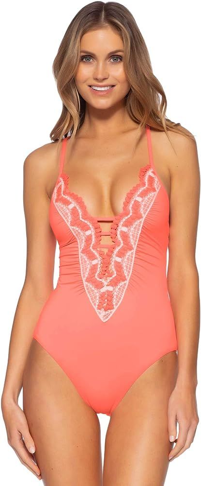 Becca by Rebecca Virtue Women's Delilah Clare Crochet Plunge One Piece Swimsuit | Amazon (US)