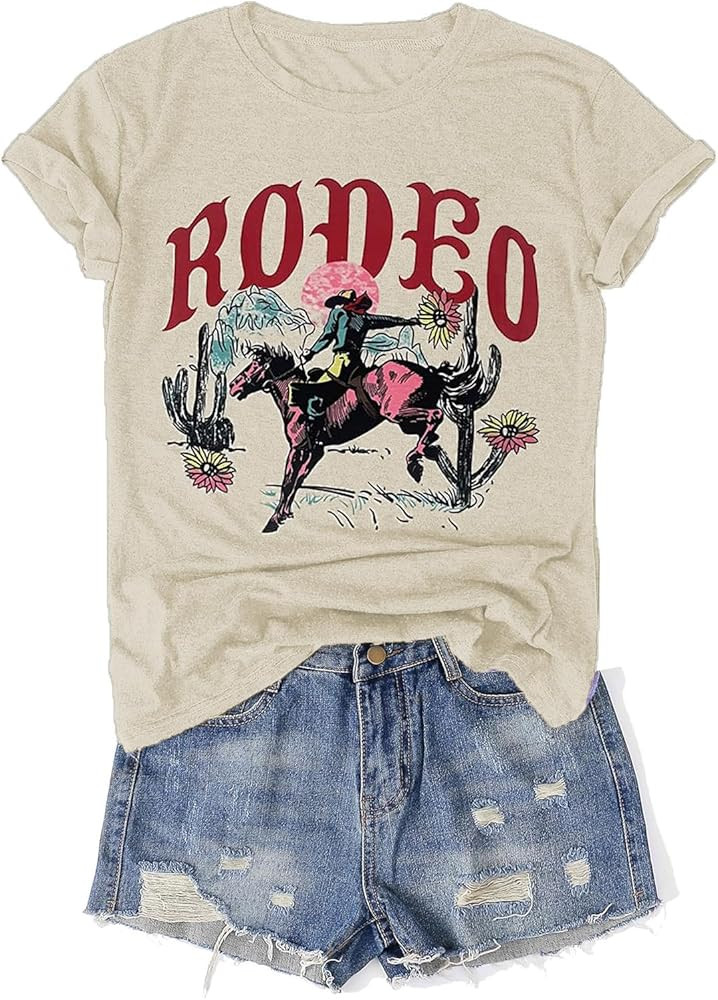 Western Rodeo Shirt for Women Retro Cowboy Graphic Tee Cowgirl Country Music T Shirt Cow Skull Pr... | Amazon (US)