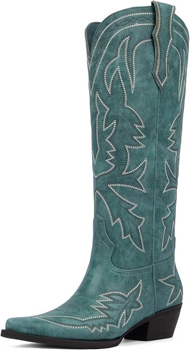 Cowboy Boots for Women Knee High Embroidered Pull on Cowgirl Boots Pointed Toe Chunky Low Heel Wi... | Amazon (US)