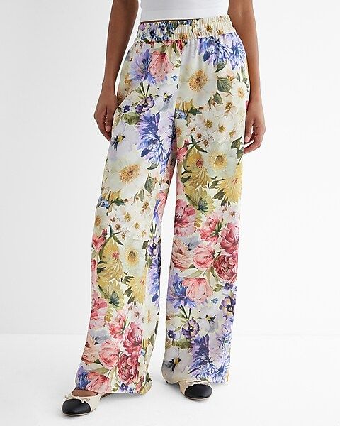 High Waisted Satin Floral Pull On Wide Leg Pant | Express