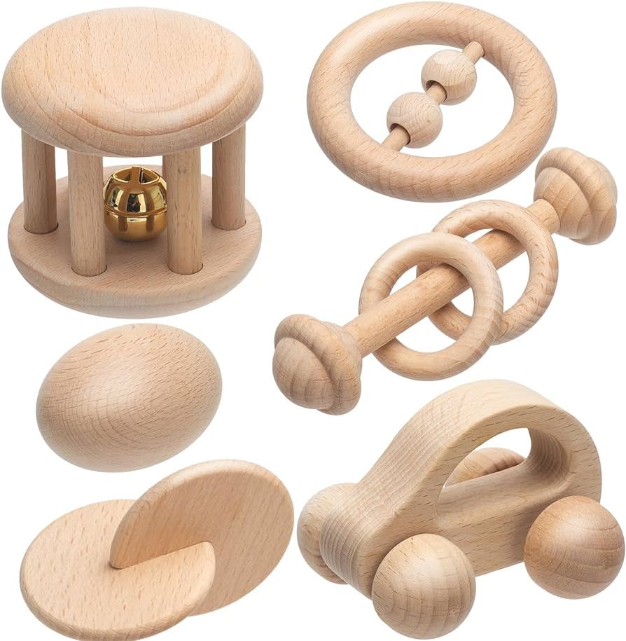 Montessori Wooden Baby Toy Set - 6 Pieces of Rattles, Push Car and Newborn Toys for Babies 6-12 M... | Amazon (US)