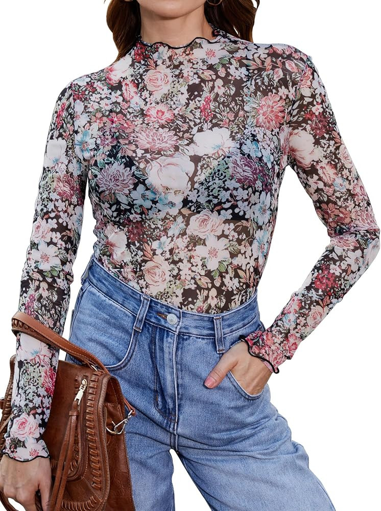 Womens Lace Long Sleeve Mesh Top Mock Neck Sheer Blouse See Through Floral Layering Shirt | Amazon (US)