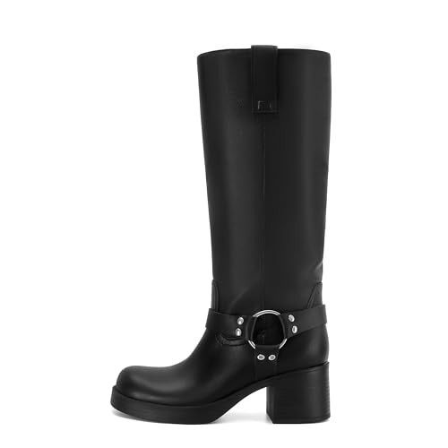 XBKXMK Women's Knee High Riding Boots Round Toe Block Heel Fashion Motorcycle Booties Side Zipper Wide Calf Biker Riding Boots with Studs Black | Amazon (US)