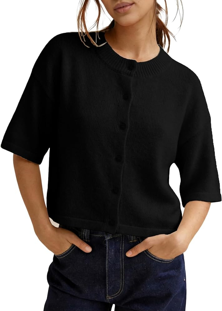 Springrain Womens Cropped Cardigan Lightweight Crewneck Summer Cardigan Casual Button Down Knit S... | Amazon (US)