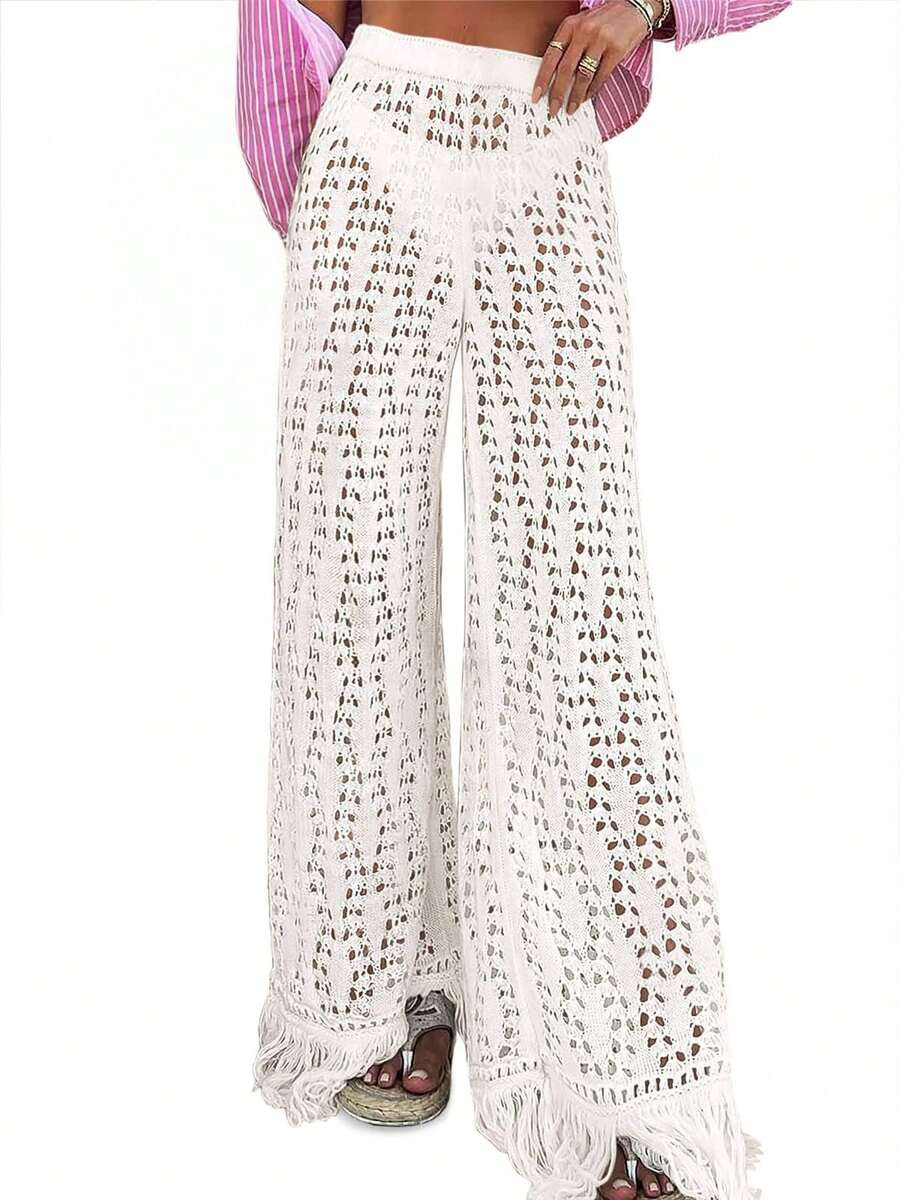 Fisoew American Fashion Women's Fringe Hem Crochet Flare Pants, High Waist Hollow Out Wide Leg Pa... | SHEIN